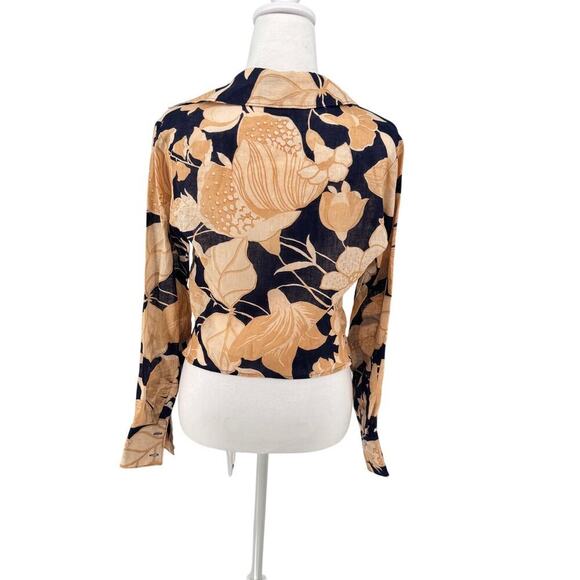 REISS Floral Tie Waist Blouse Navy Gold Large Print Size 2 EUC Linen Blend - Picture 10 of 11